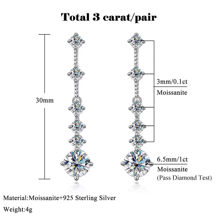 FEOBUR 3CT Moissanite Drop Earrings - 925 Silver