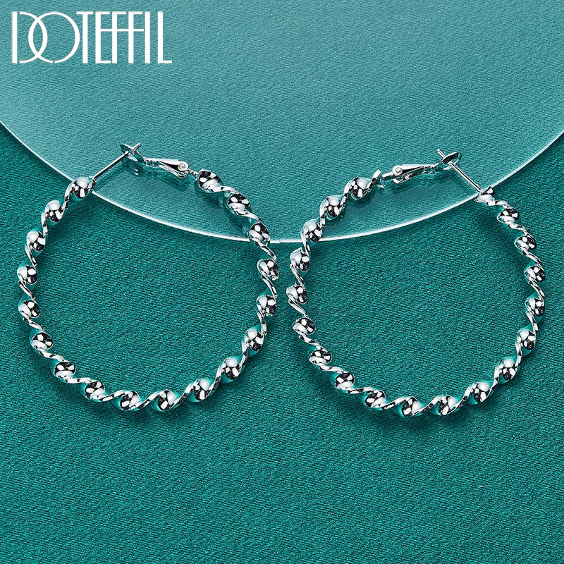 DOTEFFIL 925 Sterling Silver 45mm Circle Wave Hoop Earring For Woman Fashion Party Wedding Engagement Party Jewelry