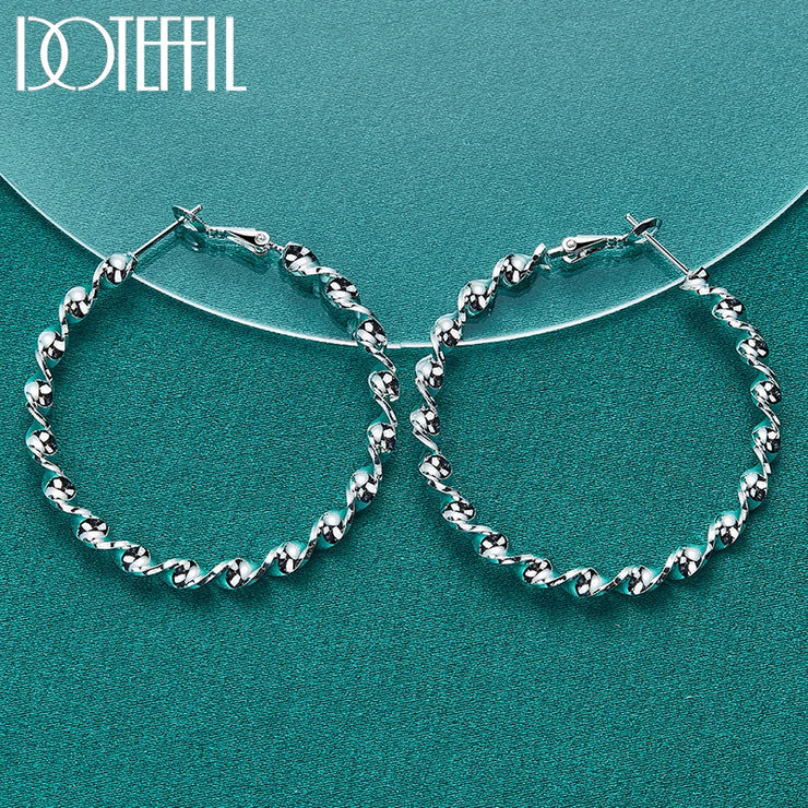 DOTEFFIL 925 Sterling Silver 45mm Circle Wave Hoop Earrings – Modern Elegance with a Unique Twist