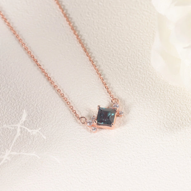 GEM'S BALLET Square 5x5mm Color Change Lab Alexandrite Rose Gold Plated 925 Sterling Silver June Birthstone Pendant Necklace