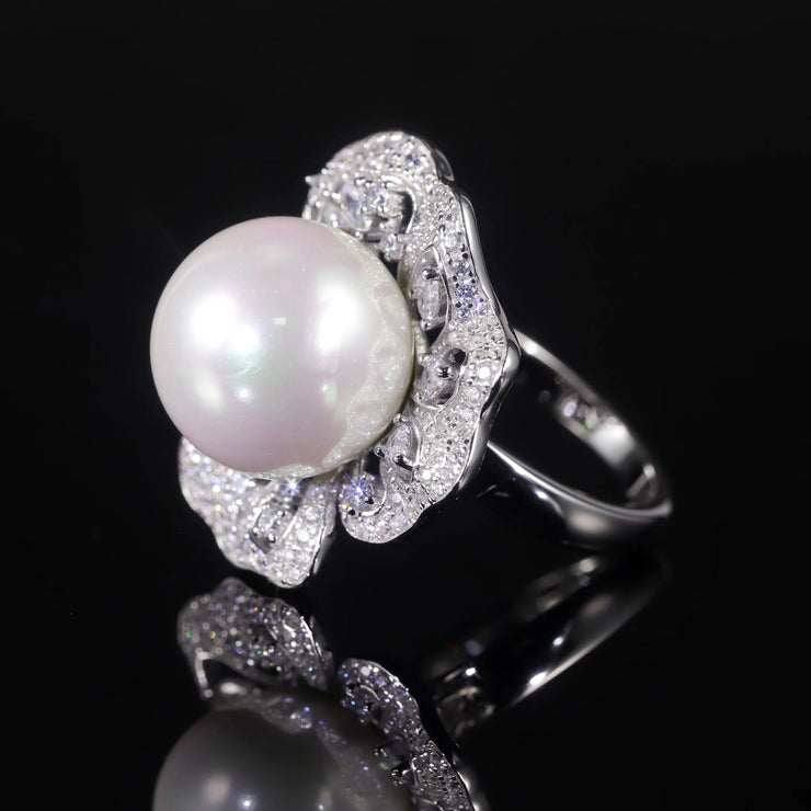 GEM'S BALLET Art Deco Freshwater Pearl Engagement Ring – Vintage Elegance