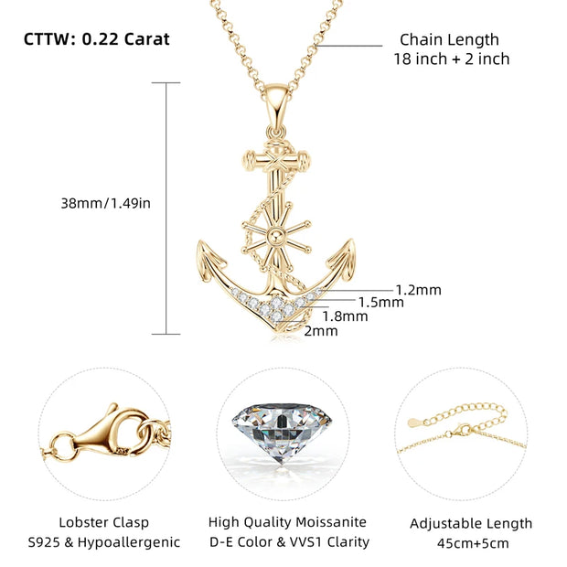 RAPRGOLD Round Moissanite Anchor Pendant Necklace S925 Sterling Silver Fashion Exquisite Necklaces for Men Women Jewelry Gifts