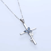 RAPRGOLD 925 Sterling Silver Butterfly Cross Necklace Marquise Cut Blue Cubic Zirconia Pendant Necklaces Fashion Jewelry Gifts