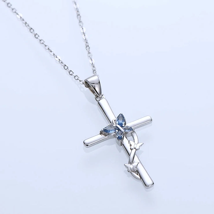 RAPRGOLD 925 Sterling Silver Butterfly Cross Necklace Marquise Cut Blue Cubic Zirconia Pendant Necklaces Fashion Jewelry Gifts