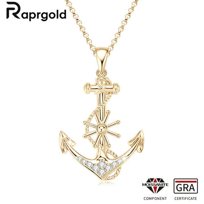 RAPRGOLD Round Moissanite Anchor Pendant Necklace S925 Sterling Silver Fashion Exquisite Necklaces for Men Women Jewelry Gifts