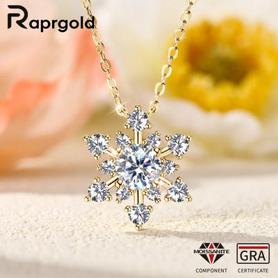 RAPRGOLD Round Cut Moissanite Snowflake Pendant Necklaces for Women Solid 925 Sterling Silver Chains Wedding Jewelry Gift collar