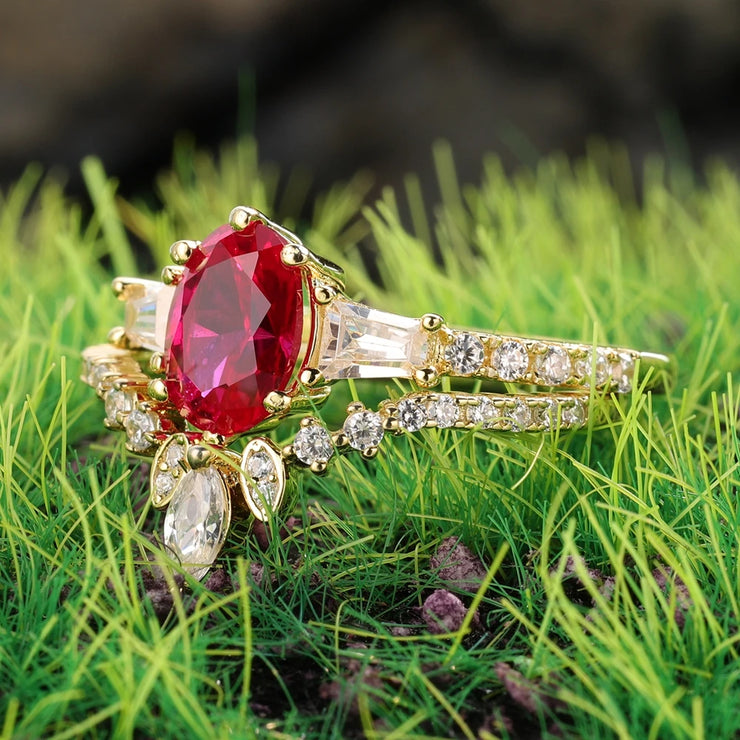 GEM'S BALLET Oval Cut Lab Ruby Wedding Ring – Timeless Elegance