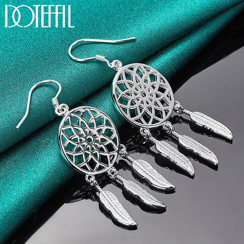 925 Sterling Silver Fine Dream Catcher Feathers Earrings for Woman Fashion Designer Party Wedding Jewelry Gifts