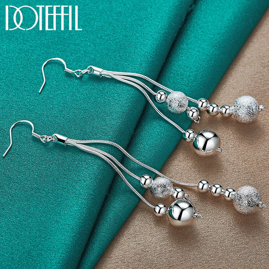 925 Sterling Silver Smooth Matte Bead Ball Drop Earrings for Woman Wedding Engagement Fashion Party Charm Jewelry