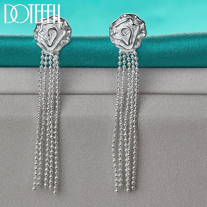 925 Sterling Silver Romantic Rose Flower Earrings for Women Fashion Smooth Bead Chain Silver Jewelry