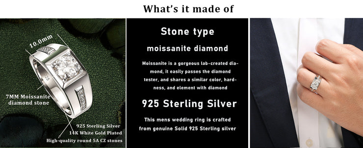 Newshe Mens Moissanite Wedding Ring Engagement Solitaire Simulated Diamond 925 Sterling Silver Accent Band D Color VVS1 Clarity