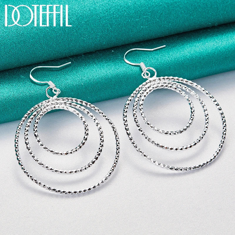 925 Sterling Silver Three Circle Drop Earring for Women Lady Wedding Engagement Party Fashion Jewelry