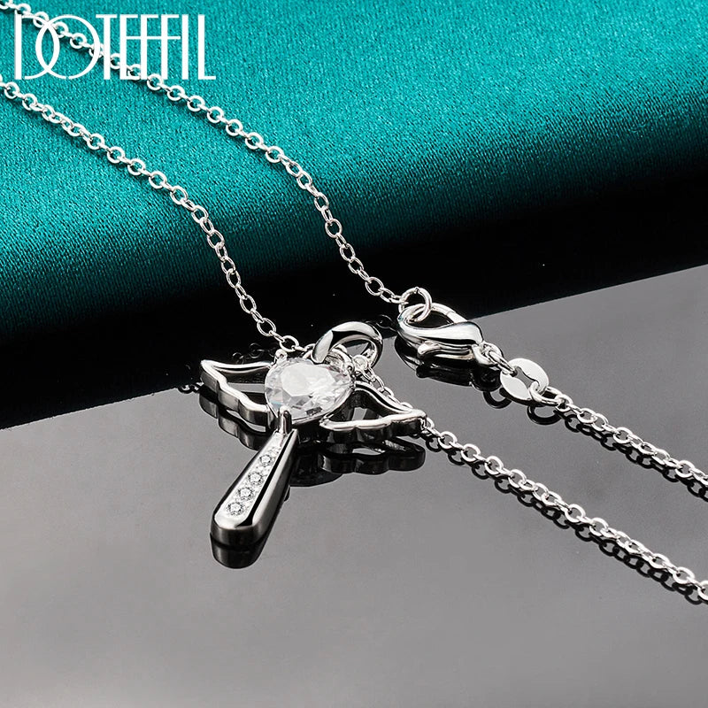 925 Sterling Silver Cross Heart White AAA Zircon Necklace 18-30 Inch Chain for Woman Wedding Charm Jewelry