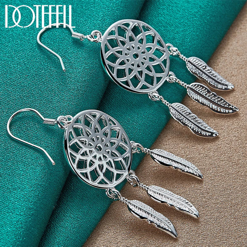 925 Sterling Silver Fine Dream Catcher Feathers Earrings for Woman Fashion Designer Party Wedding Jewelry Gifts