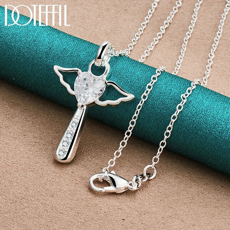 925 Sterling Silver Cross Heart White AAA Zircon Necklace 18-30 Inch Chain for Woman Wedding Charm Jewelry