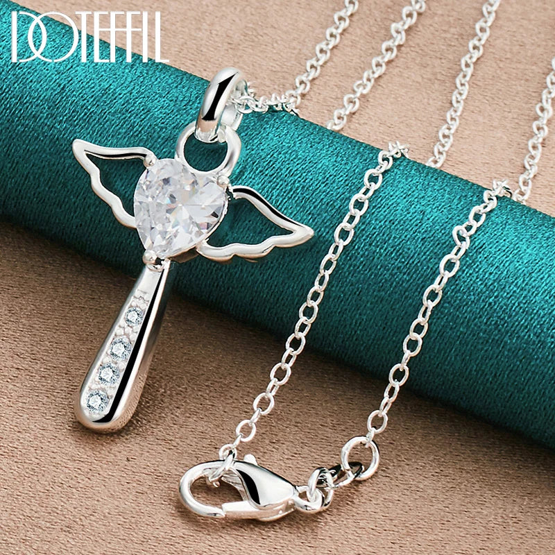 925 Sterling Silver Cross Heart White AAA Zircon Necklace 18-30 Inch Chain for Woman Wedding Charm Jewelry