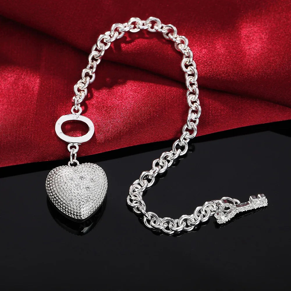 925 Sterling Silver AAA Zircon Heart Key Bracelet for Woman Charm Wedding Engagement Party Fashion Jewelry