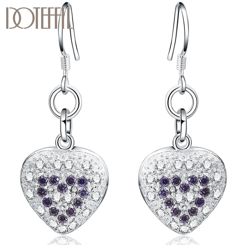 925 Sterling Silver Heart Purple AAA Zircon Drop Earring for Women Wedding Engagement Party Fashion Charm Jewelry