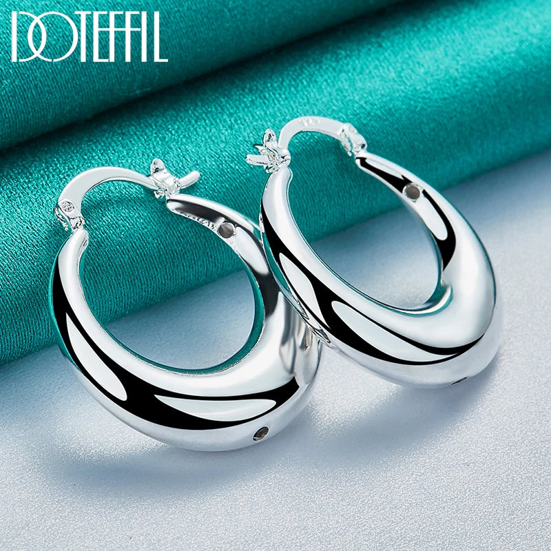 925 Sterling Silver U Smooth Circle Hoop Earring for Woman Party Gift Fashion Charm Wedding Engagement Jewelry