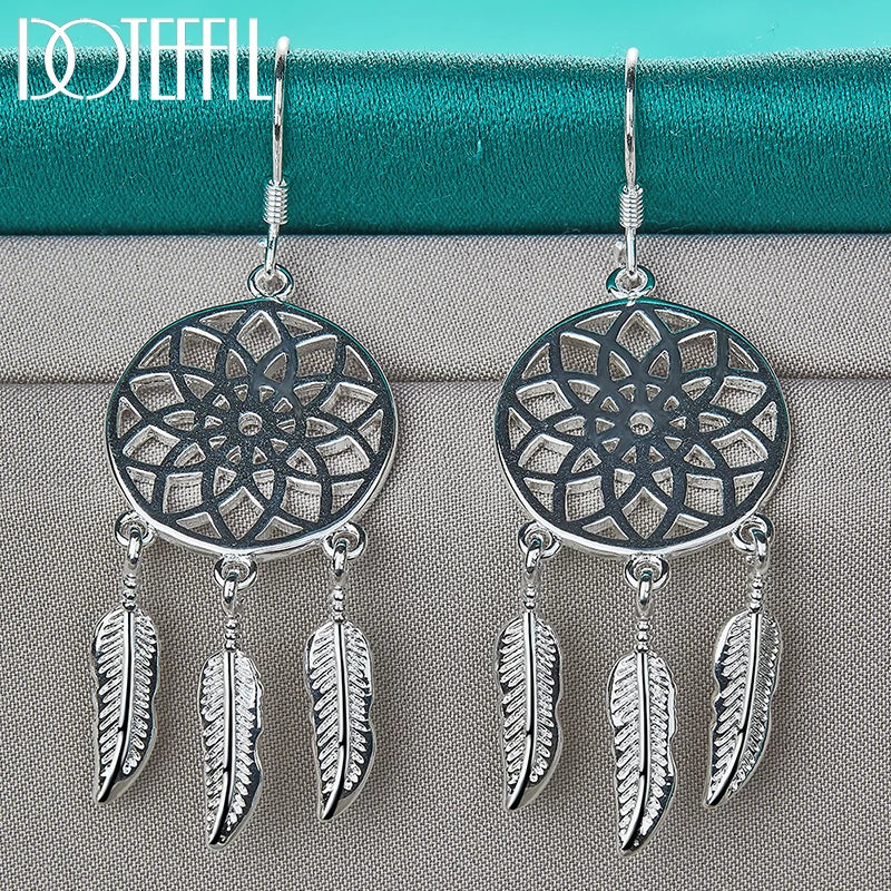 925 Sterling Silver Fine Dream Catcher Feathers Earrings for Woman Fashion Designer Party Wedding Jewelry Gifts