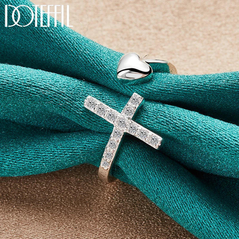 925 Sterling Silver Cross AAA Zircon Heart Ring for Women Man Fashion Wedding Engagement Party Charm Jewelry