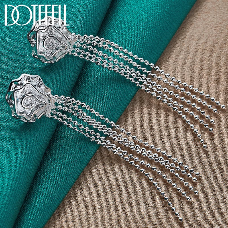 925 Sterling Silver Romantic Rose Flower Earrings for Women Fashion Smooth Bead Chain Silver Jewelry