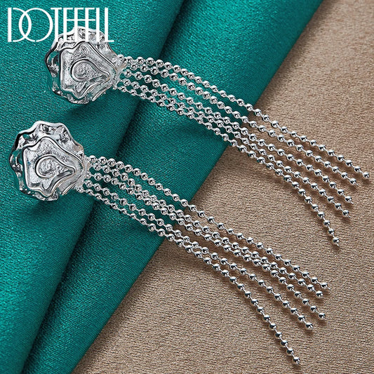 925 Sterling Silver Romantic Rose Flower Earrings for Women Fashion Smooth Bead Chain Silver Jewelry