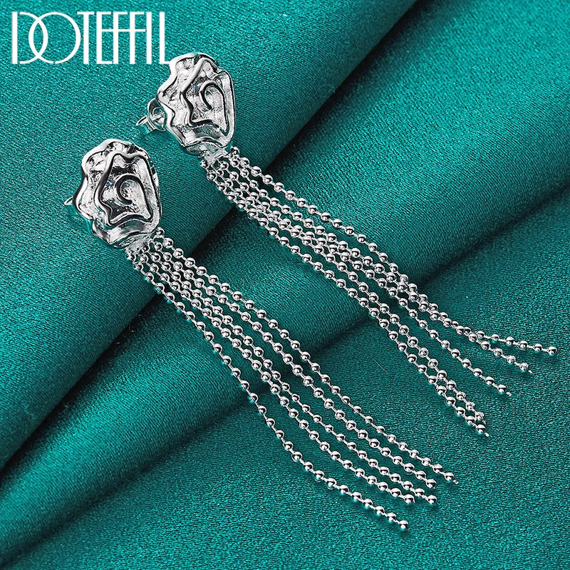 925 Sterling Silver Romantic Rose Flower Earrings for Women Fashion Smooth Bead Chain Silver Jewelry