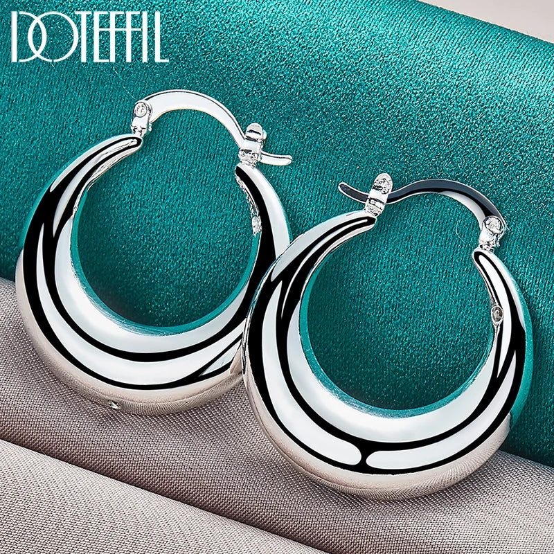 925 Sterling Silver U Smooth Circle Hoop Earring for Woman Party Gift Fashion Charm Wedding Engagement Jewelry