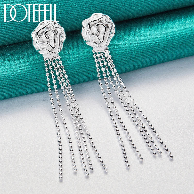 925 Sterling Silver Romantic Rose Flower Earrings for Women Fashion Smooth Bead Chain Silver Jewelry