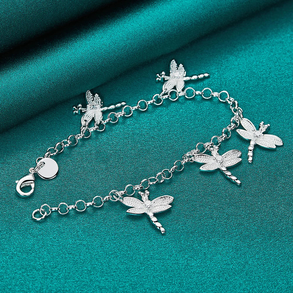 925 Sterling Silver Five Dragonfly AAA Zircon Pendant Bracelet Chain for Women Wedding Engagement Party Jewelry