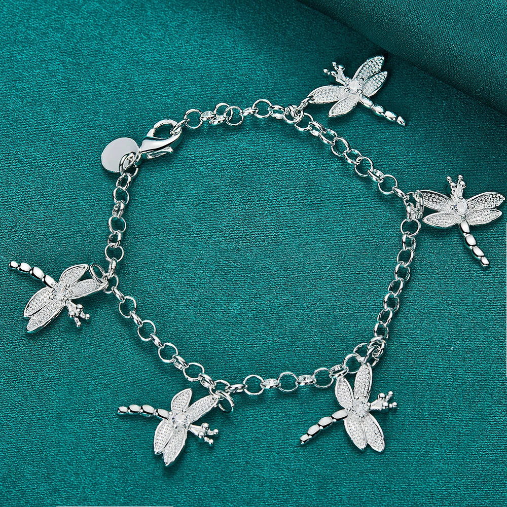 925 Sterling Silver Five Dragonfly AAA Zircon Pendant Bracelet Chain for Women Wedding Engagement Party Jewelry